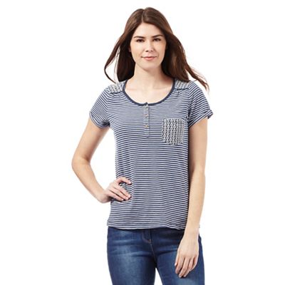 Mantaray Navy striped floral embroidered top